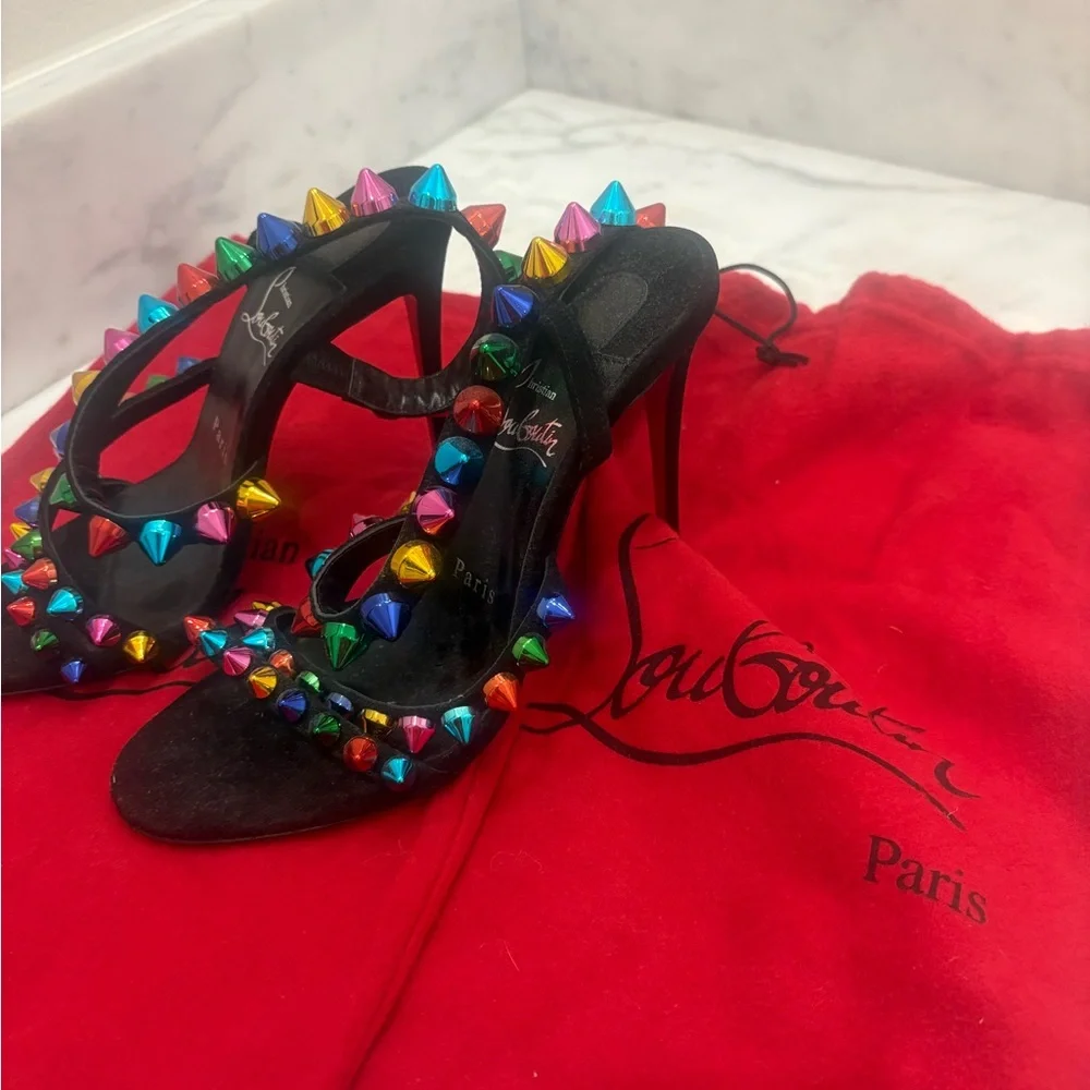 Christian Louboutin Black Leather Multicolor Spike Slingback Sandals